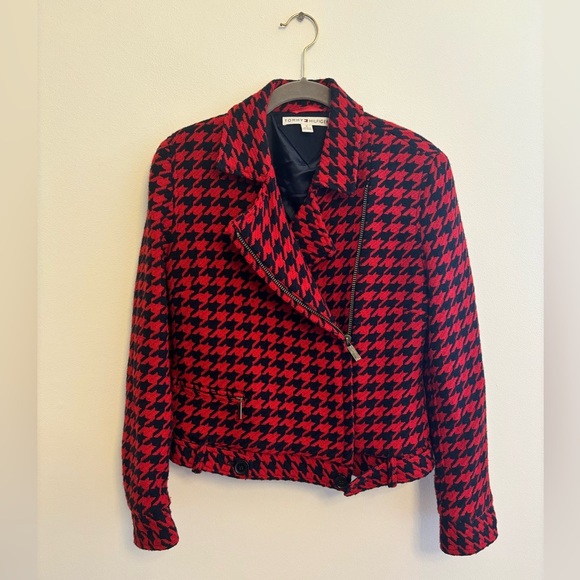 Tommy Hilfiger Jackets & Blazers - TOMMY HILFIGER Red & Navy Houndstooth Moto Jacket EUC women’s size 6